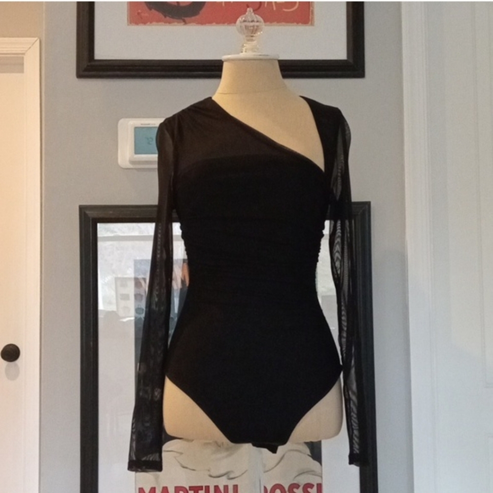 Cinq à Sept Black Asymmetrical Mesh Bodysuit